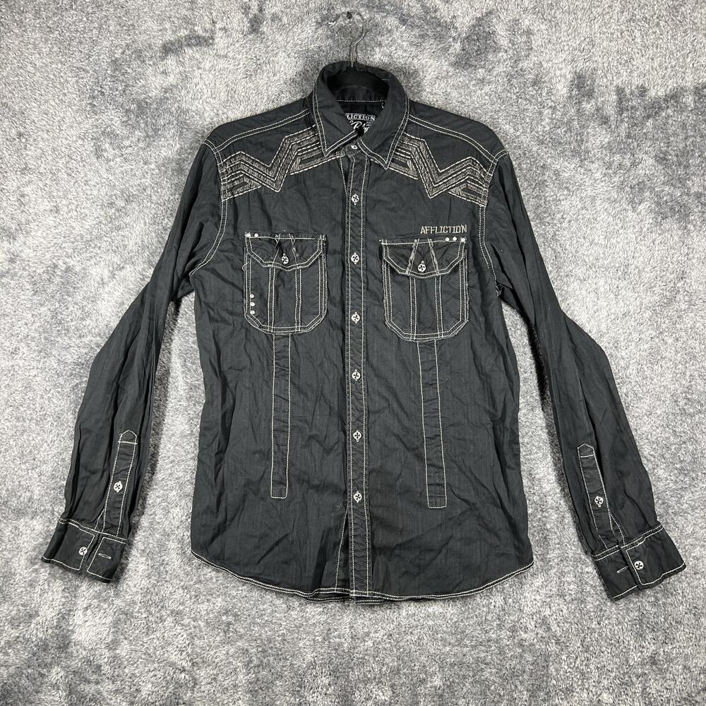 Affliction Shirt Mens XL Black Long Sleeve Button Up Cotton Spandex Slim Studded